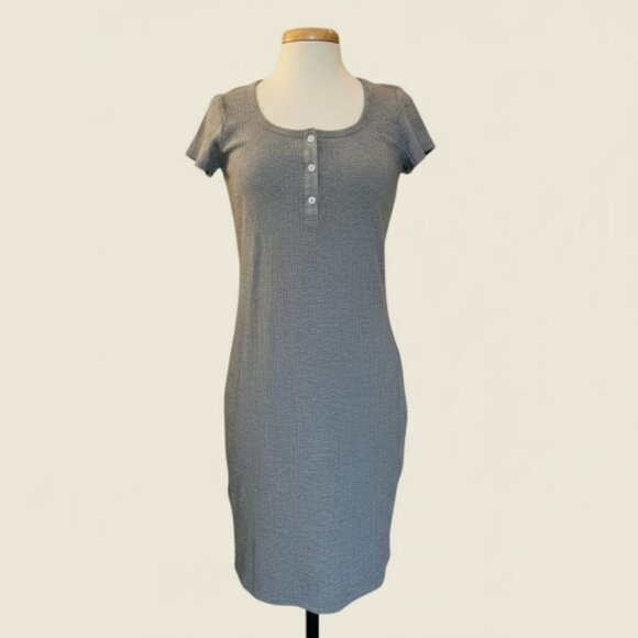 Mango MNG Fitted Ribbed Sweater Dress Grey Henley Short Sleeve Mini Size XL NWT - Picture 1 of 13